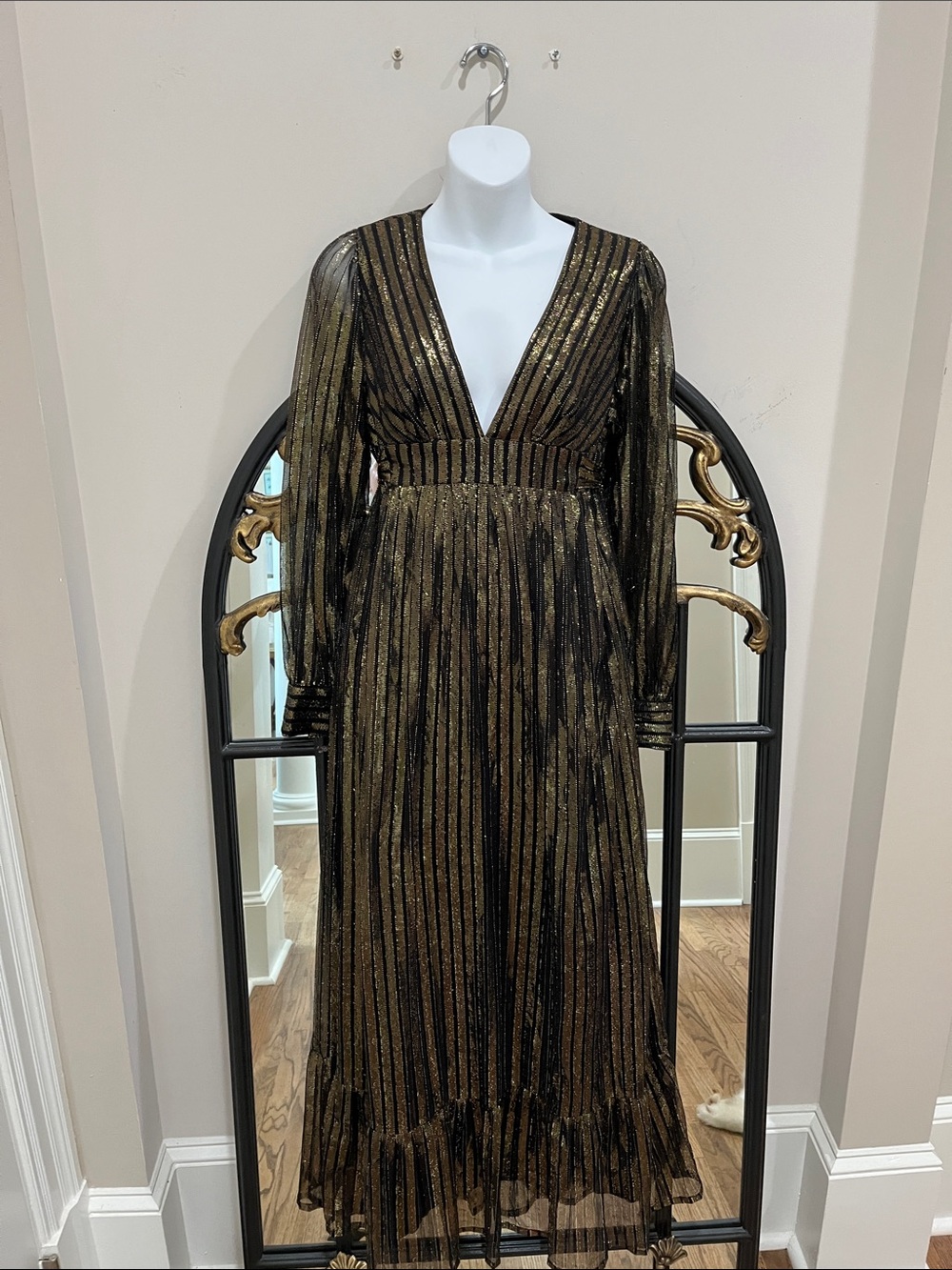 Anthropologie ANTIK BATIK Black & Gold Metallic Stripe Maxi Dress